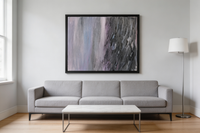 Abstract oil painting with soft grey vertical strokes and heavy charcoal diagonal texture