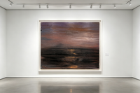 Oil painting of golden light reflecting on dark water in deep brown and purple tones