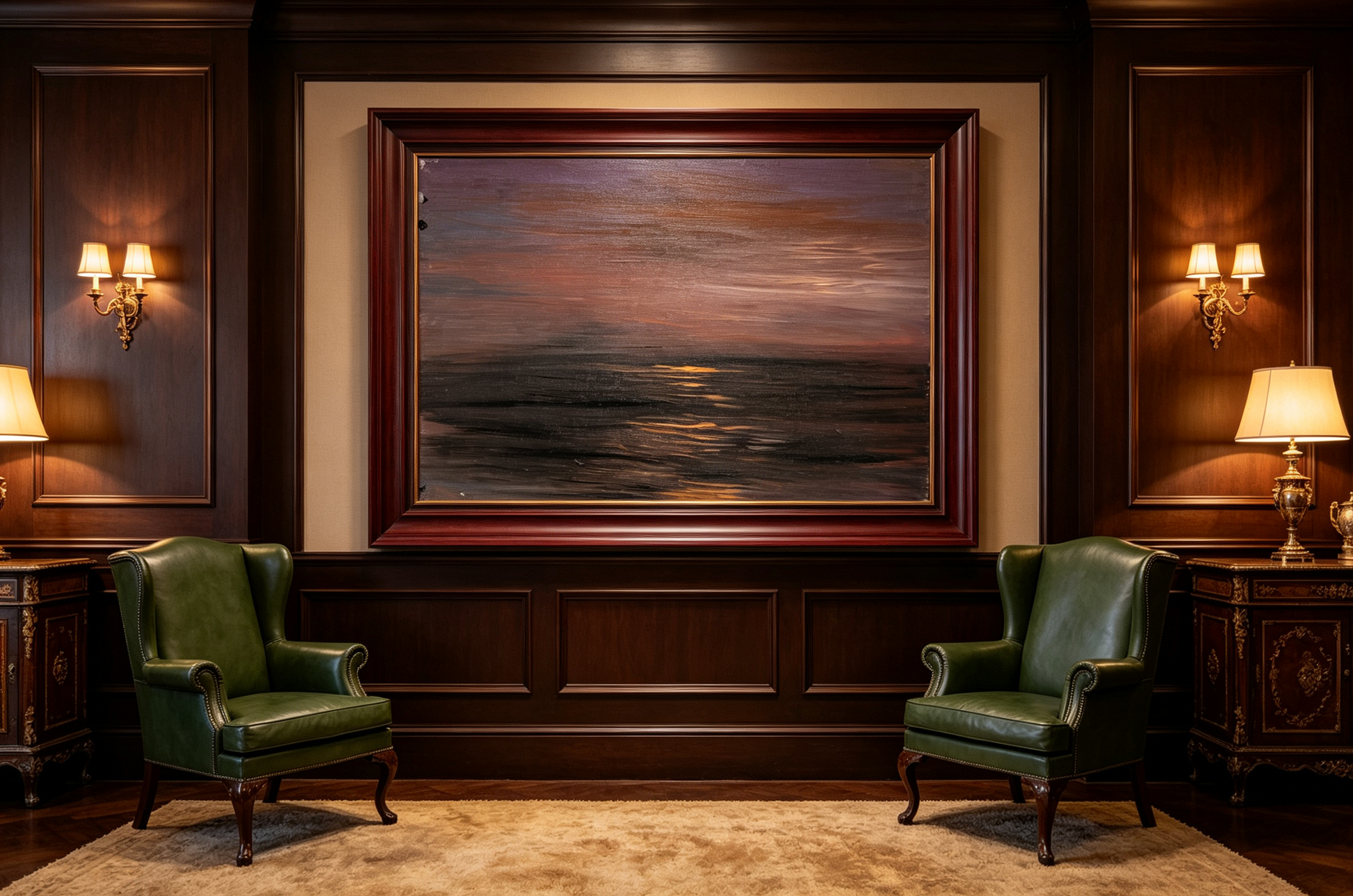 Oil painting of golden light reflecting on dark water in deep brown and purple tones