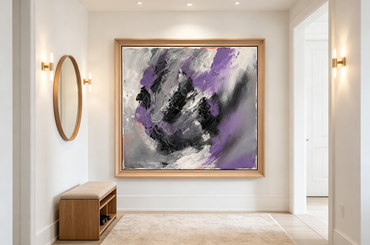 Abstract oil painting with bold purple and black swirling strokes on grey-white ground