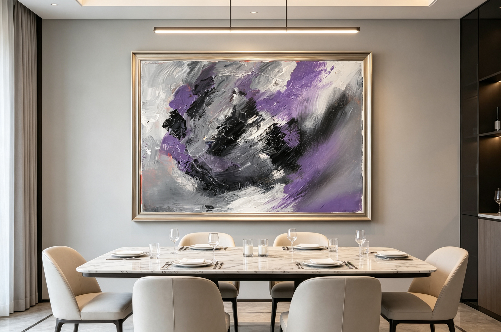 Abstract oil painting with bold purple and black swirling strokes on grey-white ground