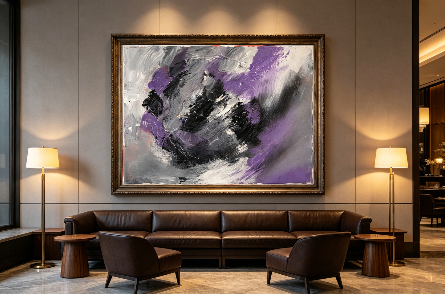 Abstract oil painting with bold purple and black swirling strokes on grey-white ground