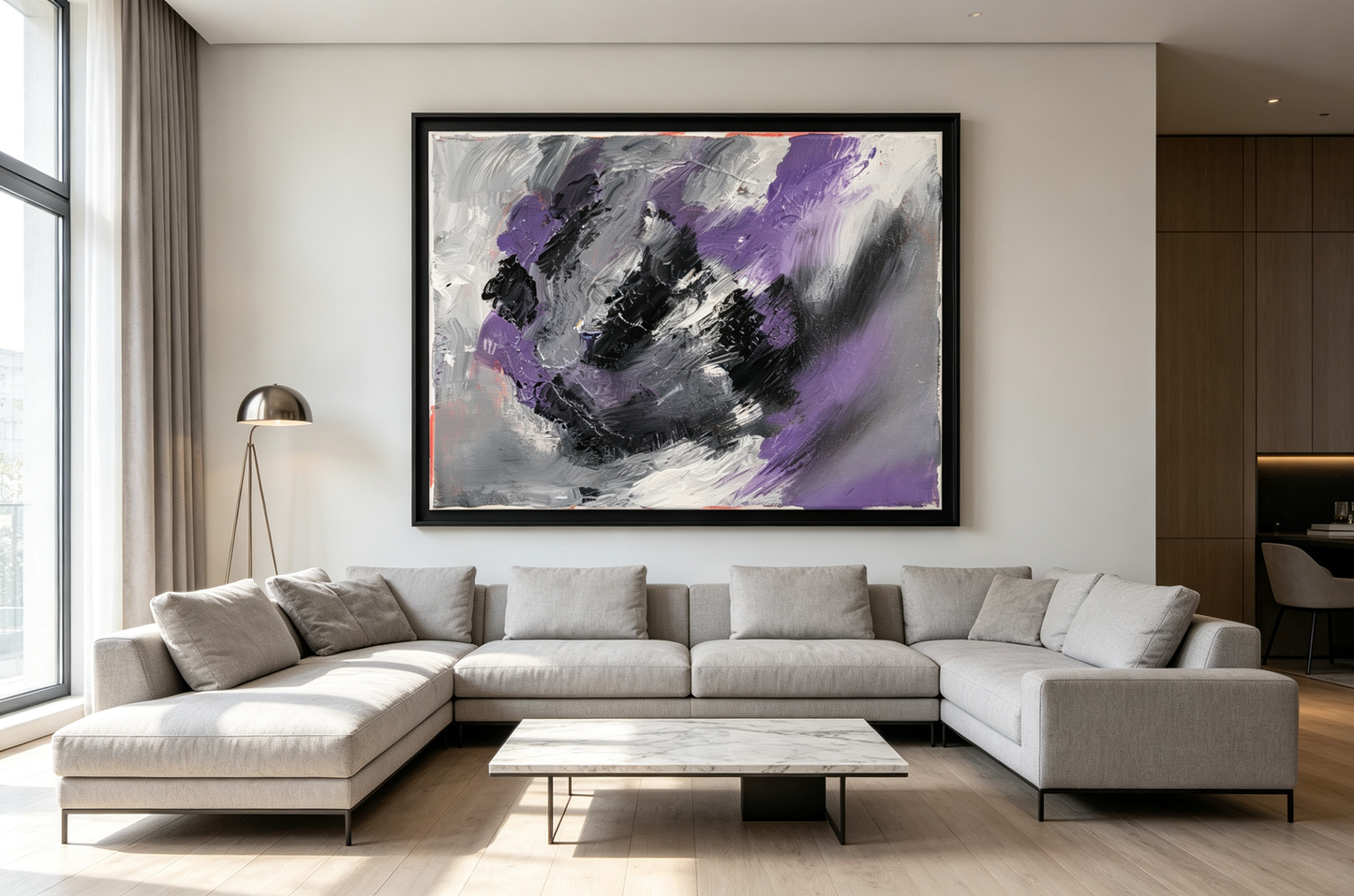 Abstract oil painting with bold purple and black swirling strokes on grey-white ground