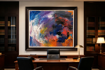 Colorful abstract oil painting with blue, purple, orange and sweeping white strokes