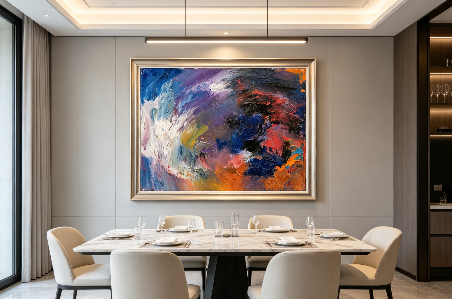 Colorful abstract oil painting with blue, purple, orange and sweeping white strokes