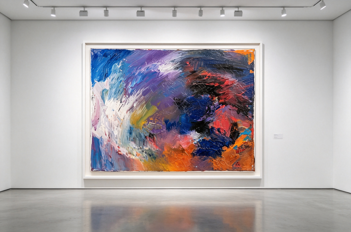 Colorful abstract oil painting with blue, purple, orange and sweeping white strokes