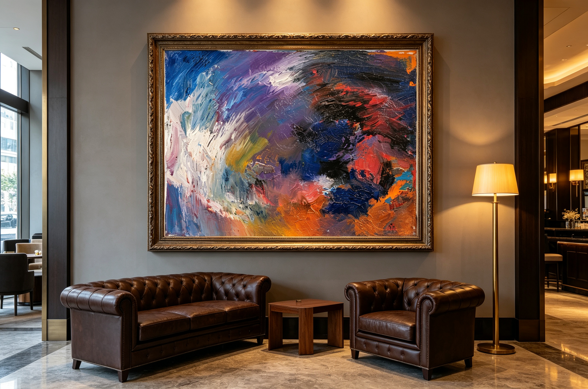 Colorful abstract oil painting with blue, purple, orange and sweeping white strokes