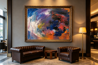 Colorful abstract oil painting with blue, purple, orange and sweeping white strokes