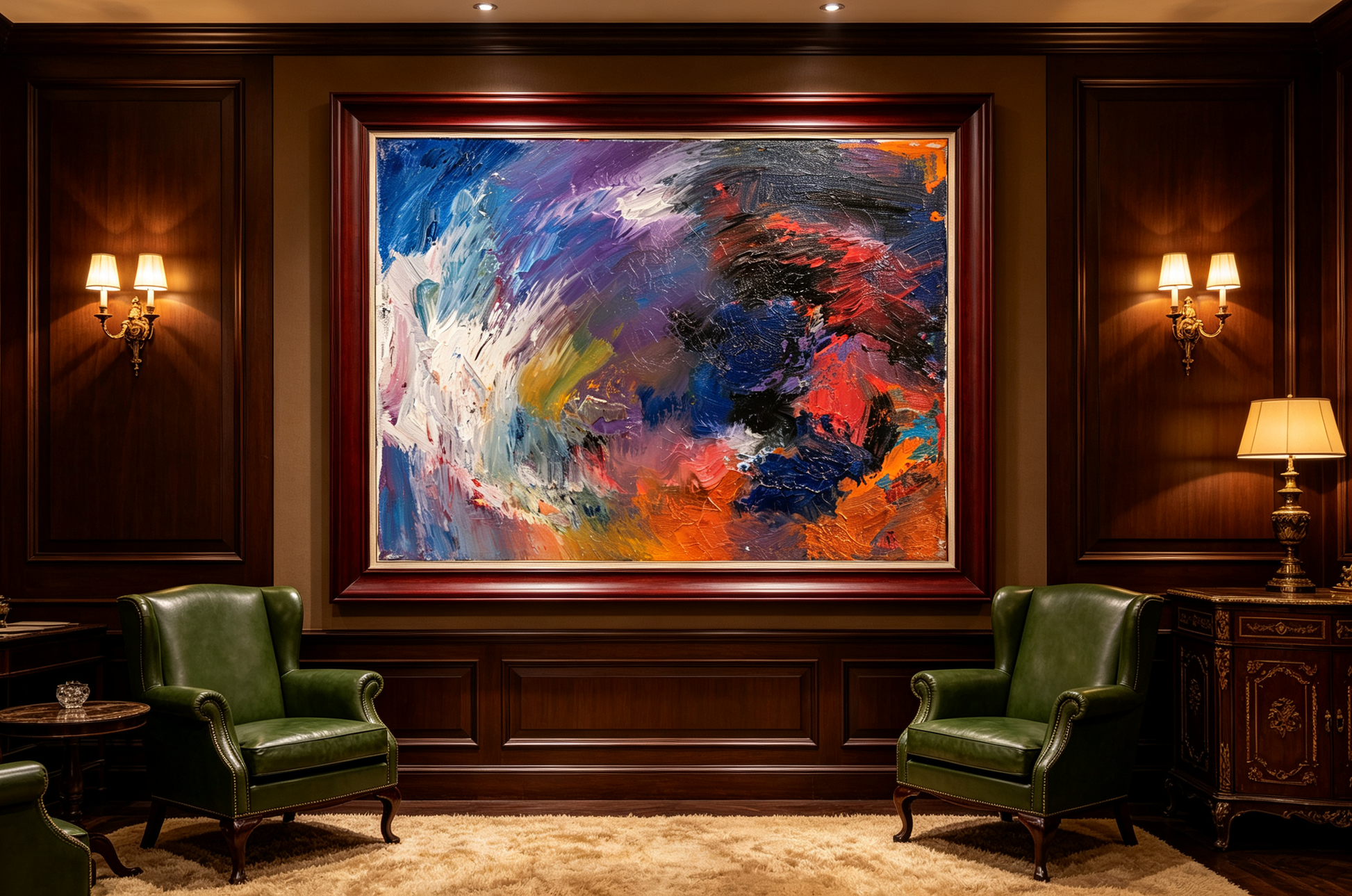 Colorful abstract oil painting with blue, purple, orange and sweeping white strokes