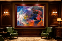 Colorful abstract oil painting with blue, purple, orange and sweeping white strokes