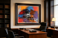 Bold abstract oil painting with orange, red, blue, purple and textured dark center