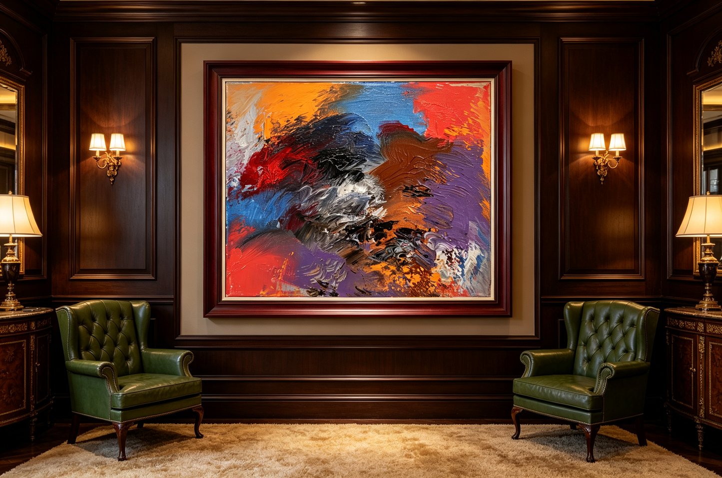 Bold abstract oil painting with orange, red, blue, purple and textured dark center