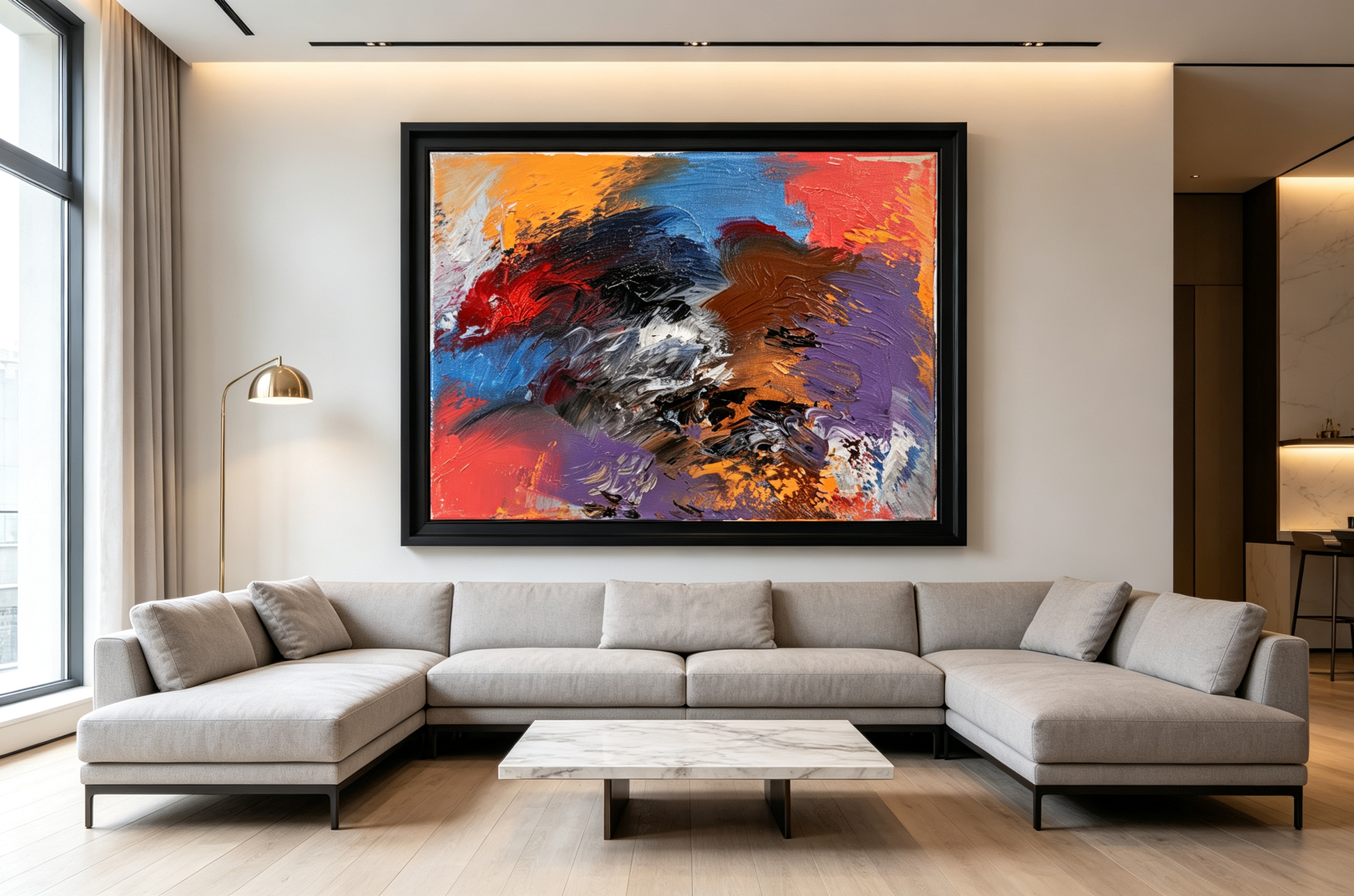 Bold abstract oil painting with orange, red, blue, purple and textured dark center
