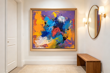 Abstract oil painting with orange, blue, and white thick strokes on a violet ground