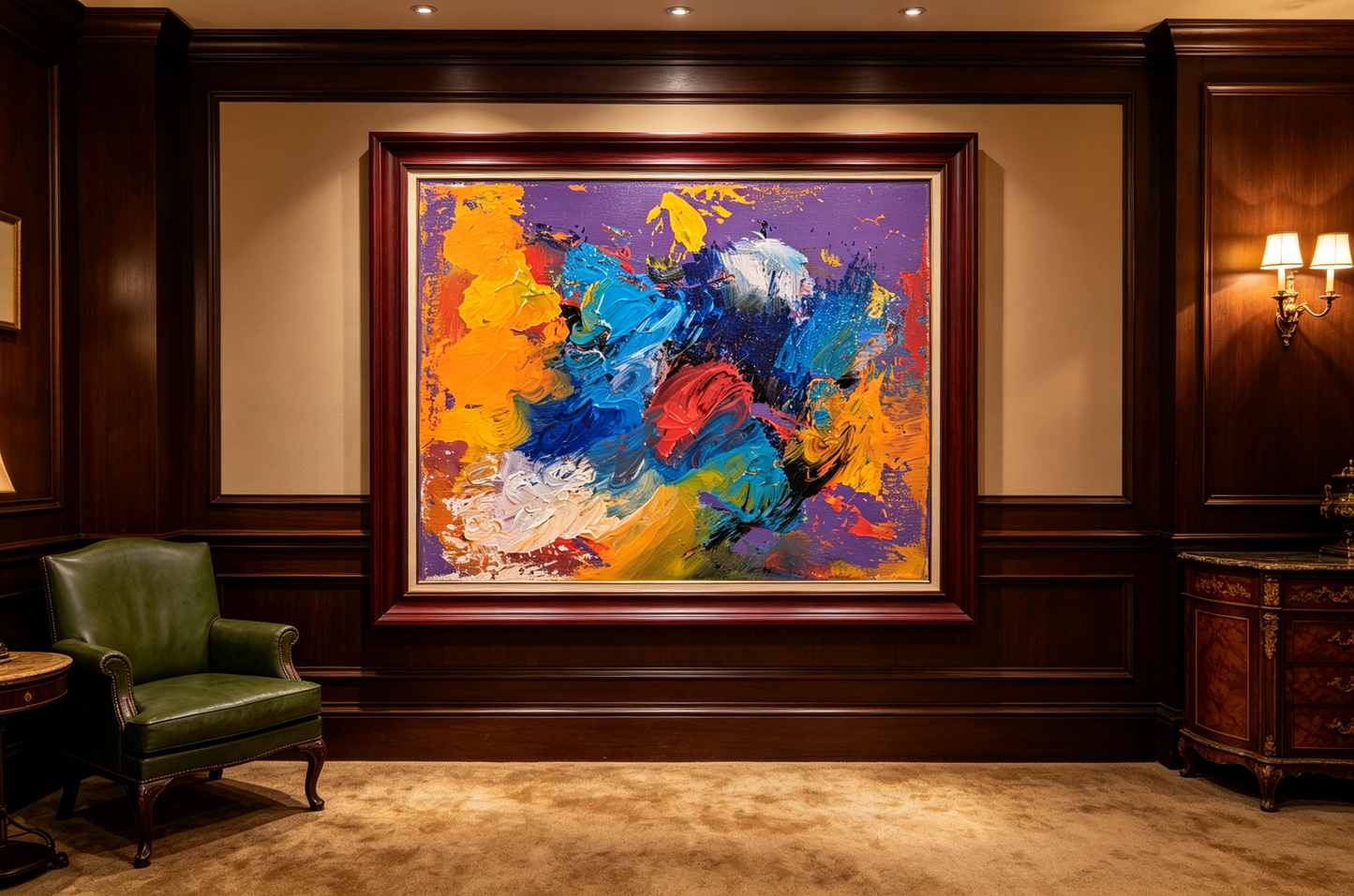 Abstract oil painting with orange, blue, and white thick strokes on a violet ground