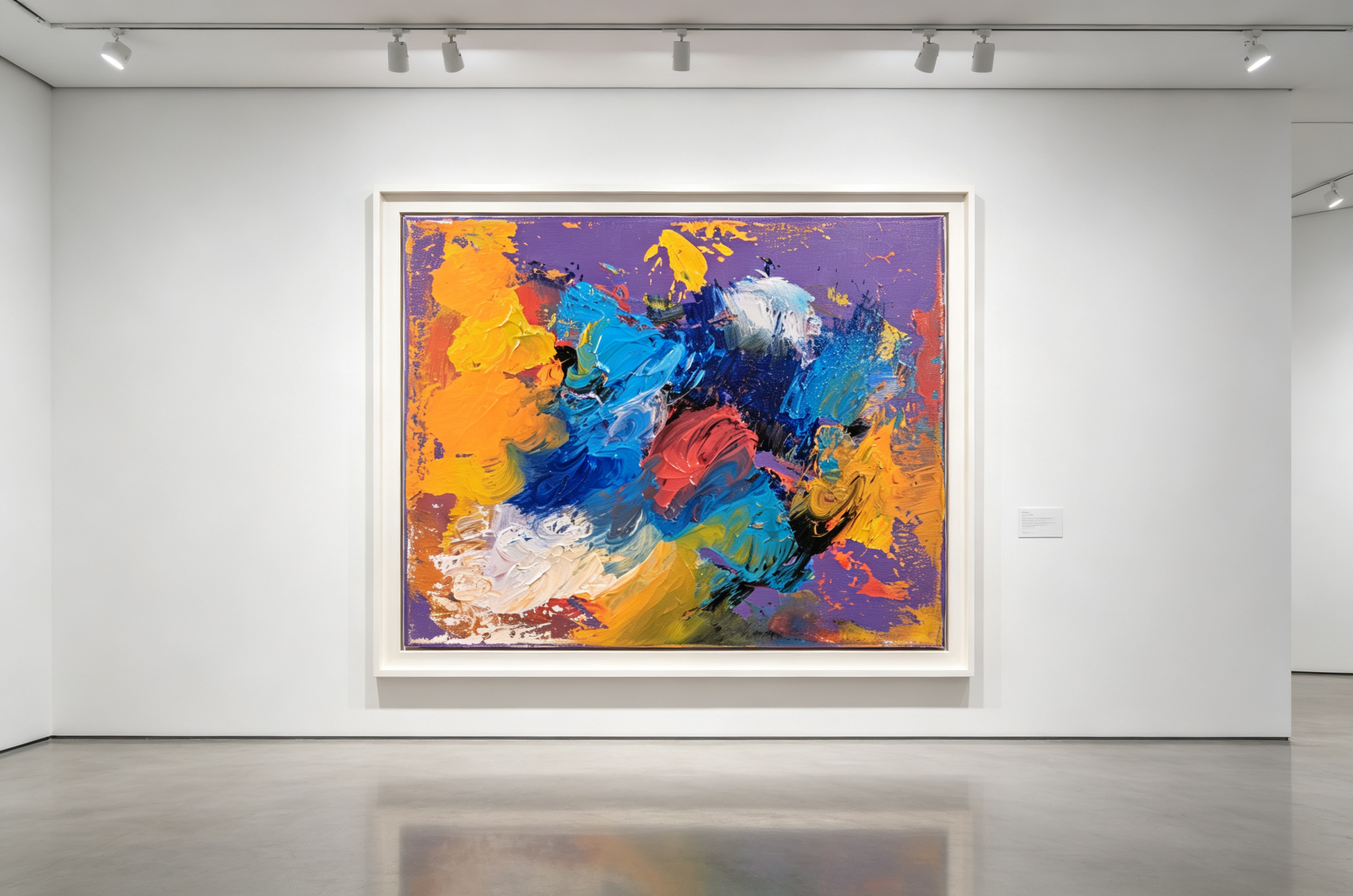 Abstract oil painting with orange, blue, and white thick strokes on a violet ground
