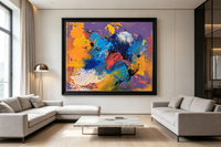 Abstract oil painting with orange, blue, and white thick strokes on a violet ground