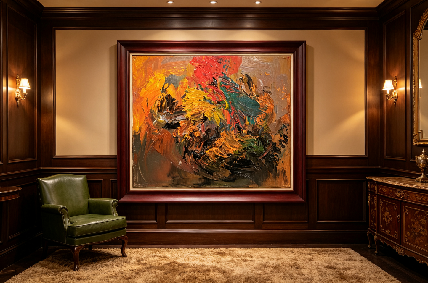 Abstract oil painting with warm brown, ochre, crimson, and green layered strokes