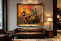 Abstract oil painting with warm brown, ochre, crimson, and green layered strokes