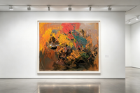 Abstract oil painting with warm brown, ochre, crimson, and green layered strokes