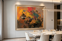 Abstract oil painting with warm brown, ochre, crimson, and green layered strokes