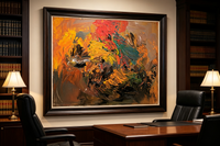 Abstract oil painting with warm brown, ochre, crimson, and green layered strokes