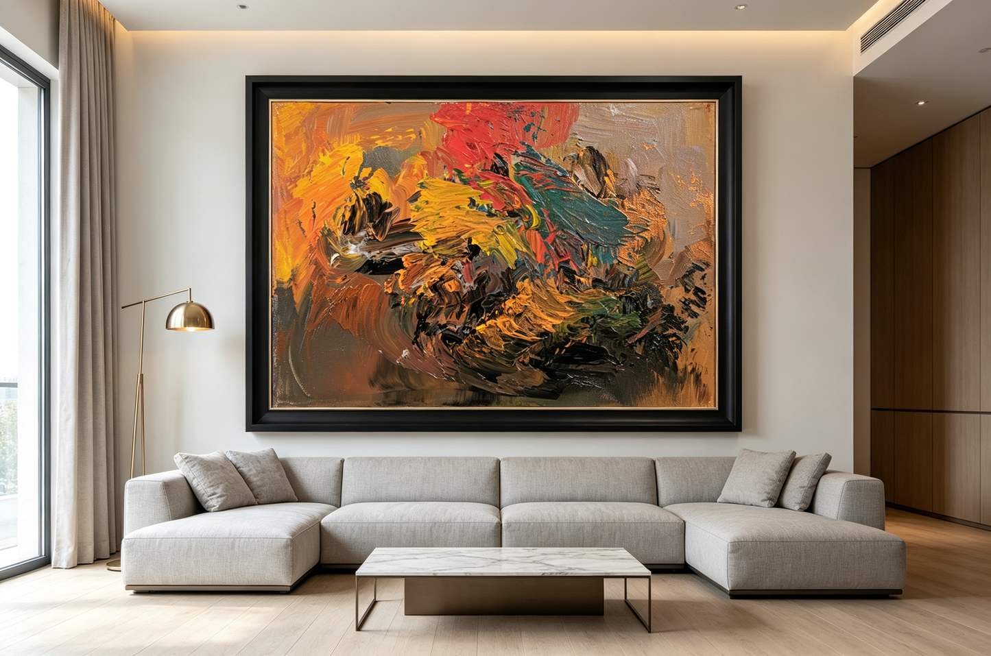 Abstract oil painting with warm brown, ochre, crimson, and green layered strokes