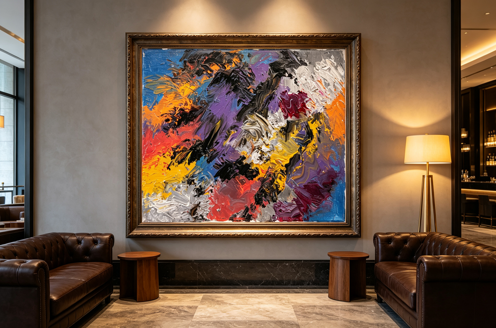 Abstract oil painting with black diagonal strokes over cobalt, orange, and violet fields