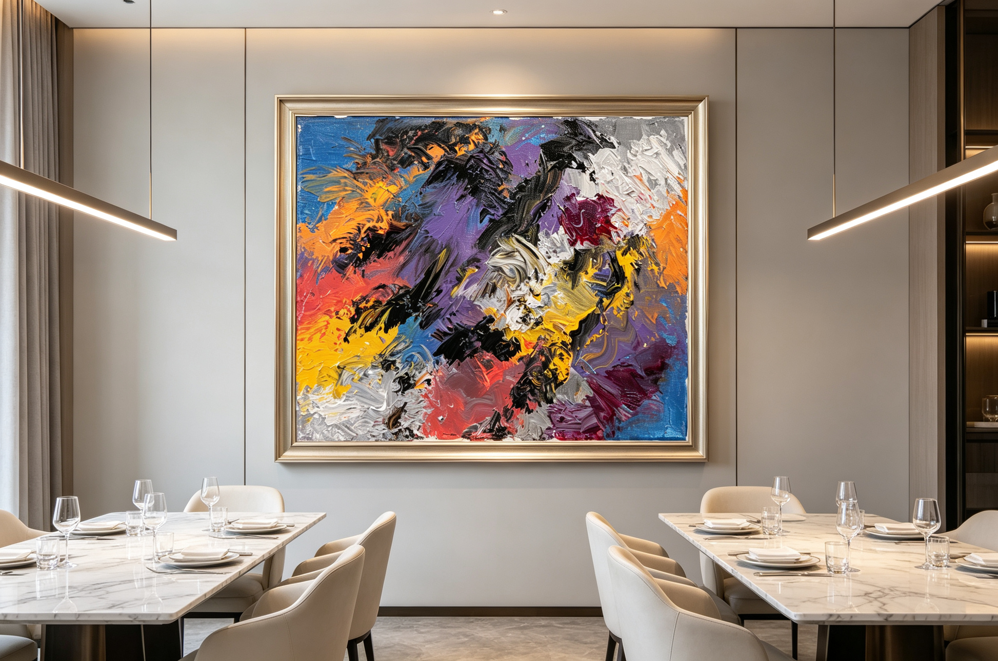 Abstract oil painting with black diagonal strokes over cobalt, orange, and violet fields