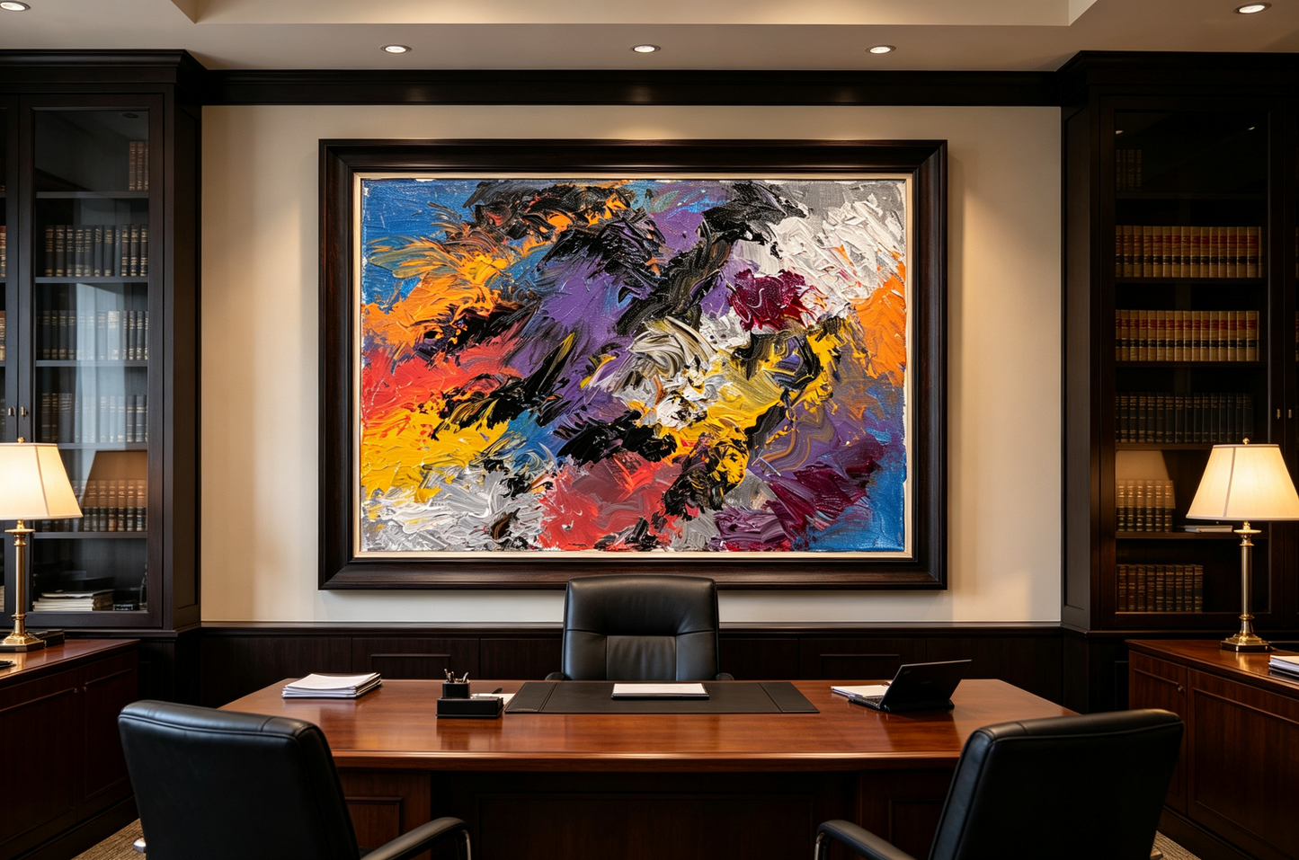 Abstract oil painting with black diagonal strokes over cobalt, orange, and violet fields