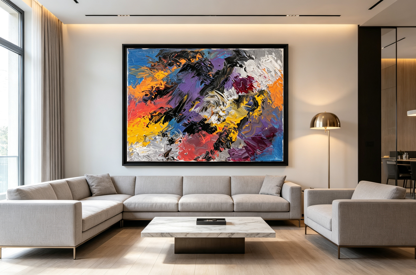 Abstract oil painting with black diagonal strokes over cobalt, orange, and violet fields