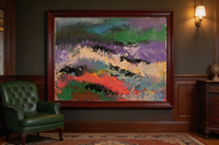 Abstract oil painting with layered green, violet, cream, and crimson horizon-like bands