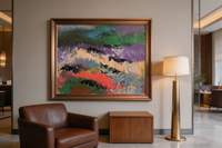 Abstract oil painting with layered green, violet, cream, and crimson horizon-like bands