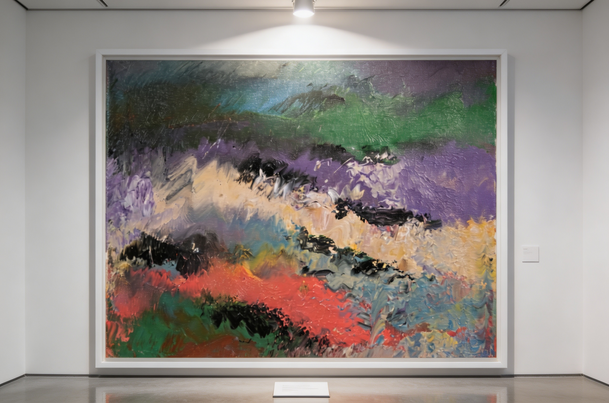 Abstract oil painting with layered green, violet, cream, and crimson horizon-like bands