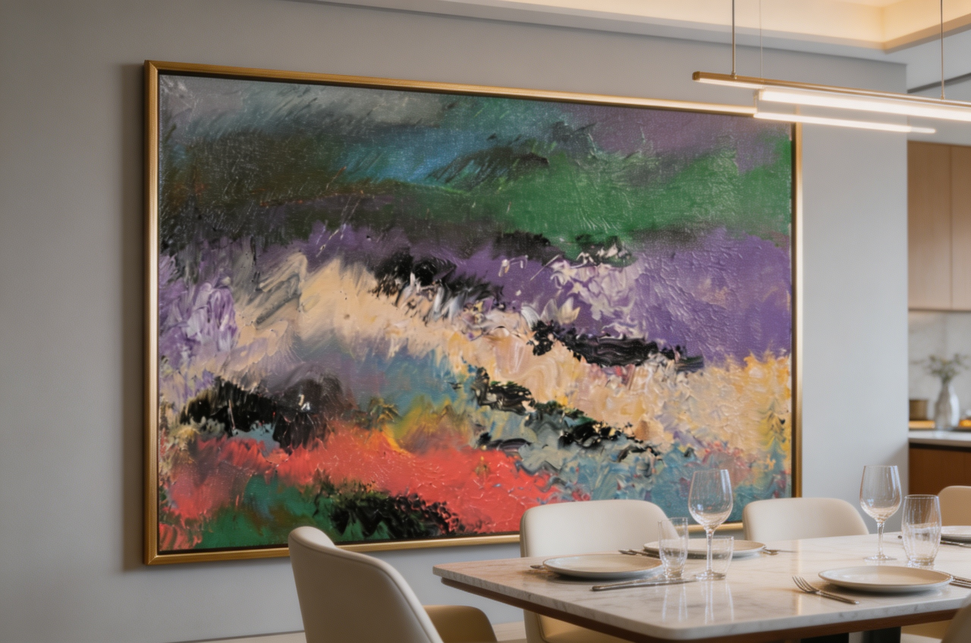 Abstract oil painting with layered green, violet, cream, and crimson horizon-like bands