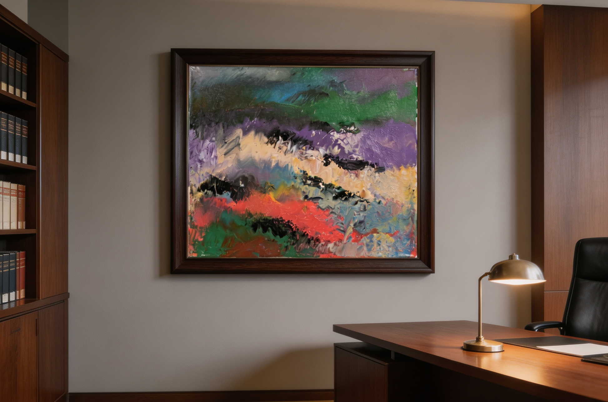 Abstract oil painting with layered green, violet, cream, and crimson horizon-like bands