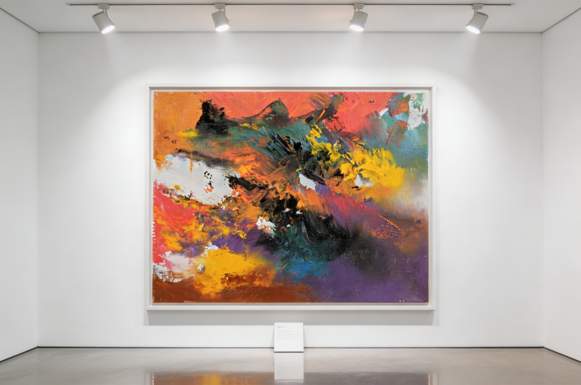 Abstract oil painting with swirling dark strokes over warm orange-red ground with yellow accents