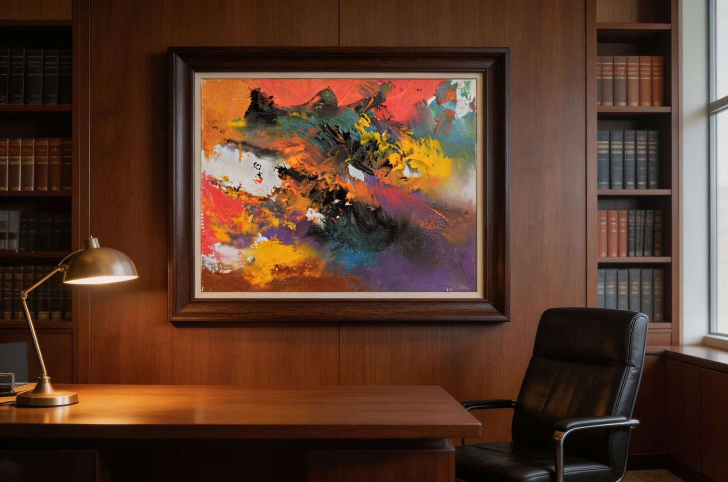 Abstract oil painting with swirling dark strokes over warm orange-red ground with yellow accents