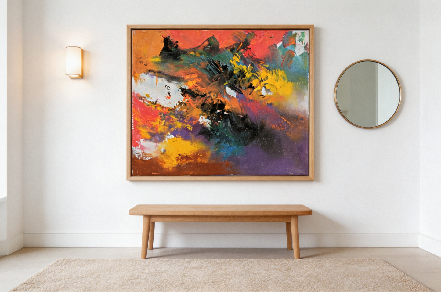 Abstract oil painting with swirling dark strokes over warm orange-red ground with yellow accents