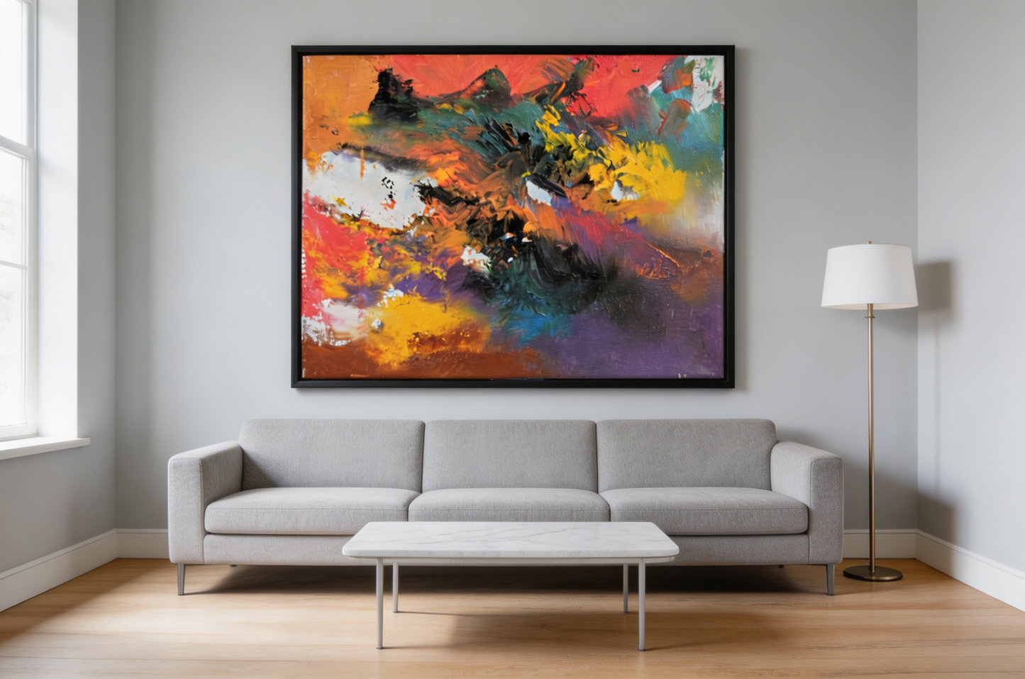 Abstract oil painting with swirling dark strokes over warm orange-red ground with yellow accents