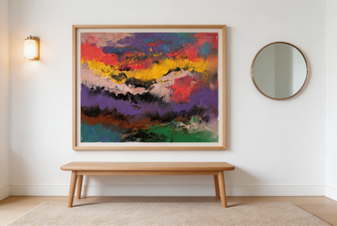 Abstract oil painting with purple, red, and golden yellow mountain landscape