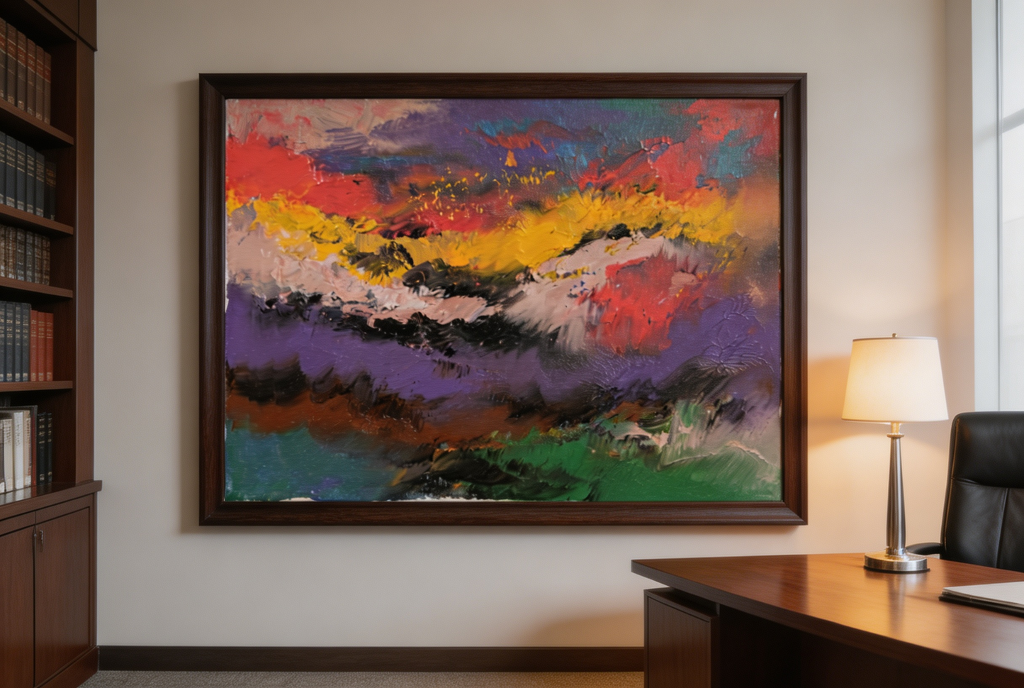 Abstract oil painting with purple, red, and golden yellow mountain landscape