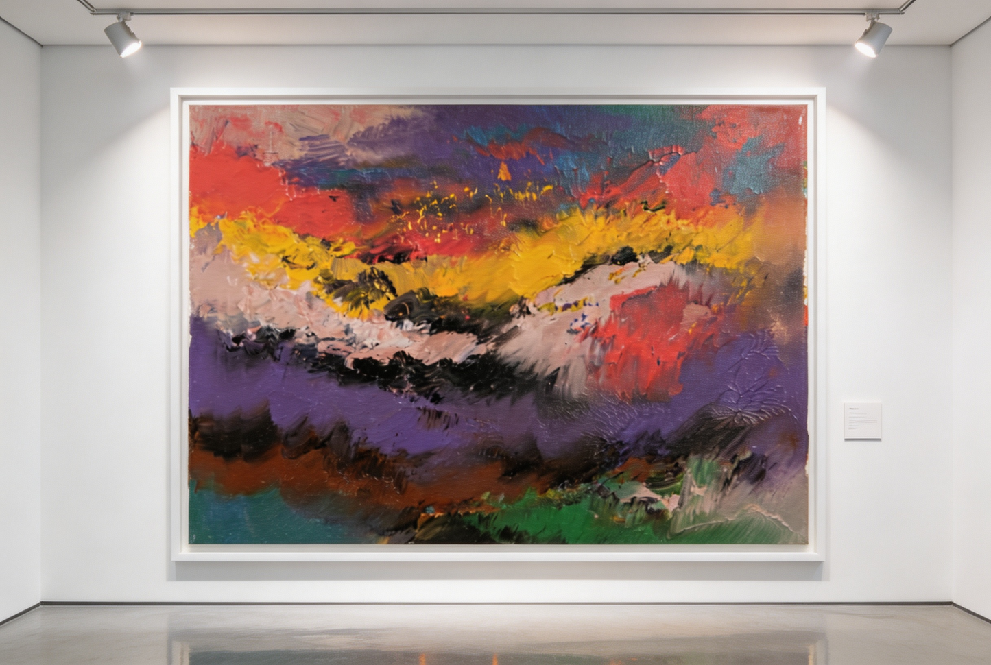 Abstract oil painting with purple, red, and golden yellow mountain landscape