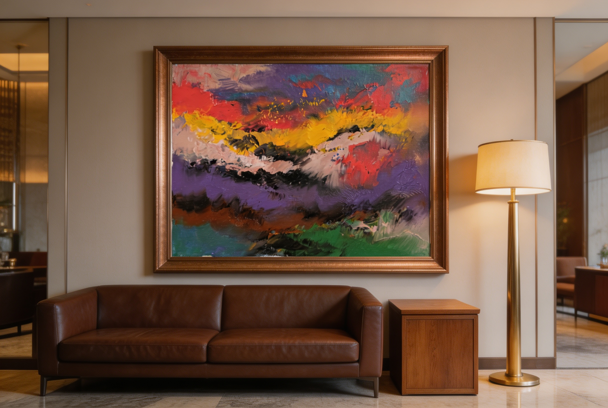 Abstract oil painting with purple, red, and golden yellow mountain landscape