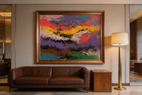 Abstract oil painting with purple, red, and golden yellow mountain landscape