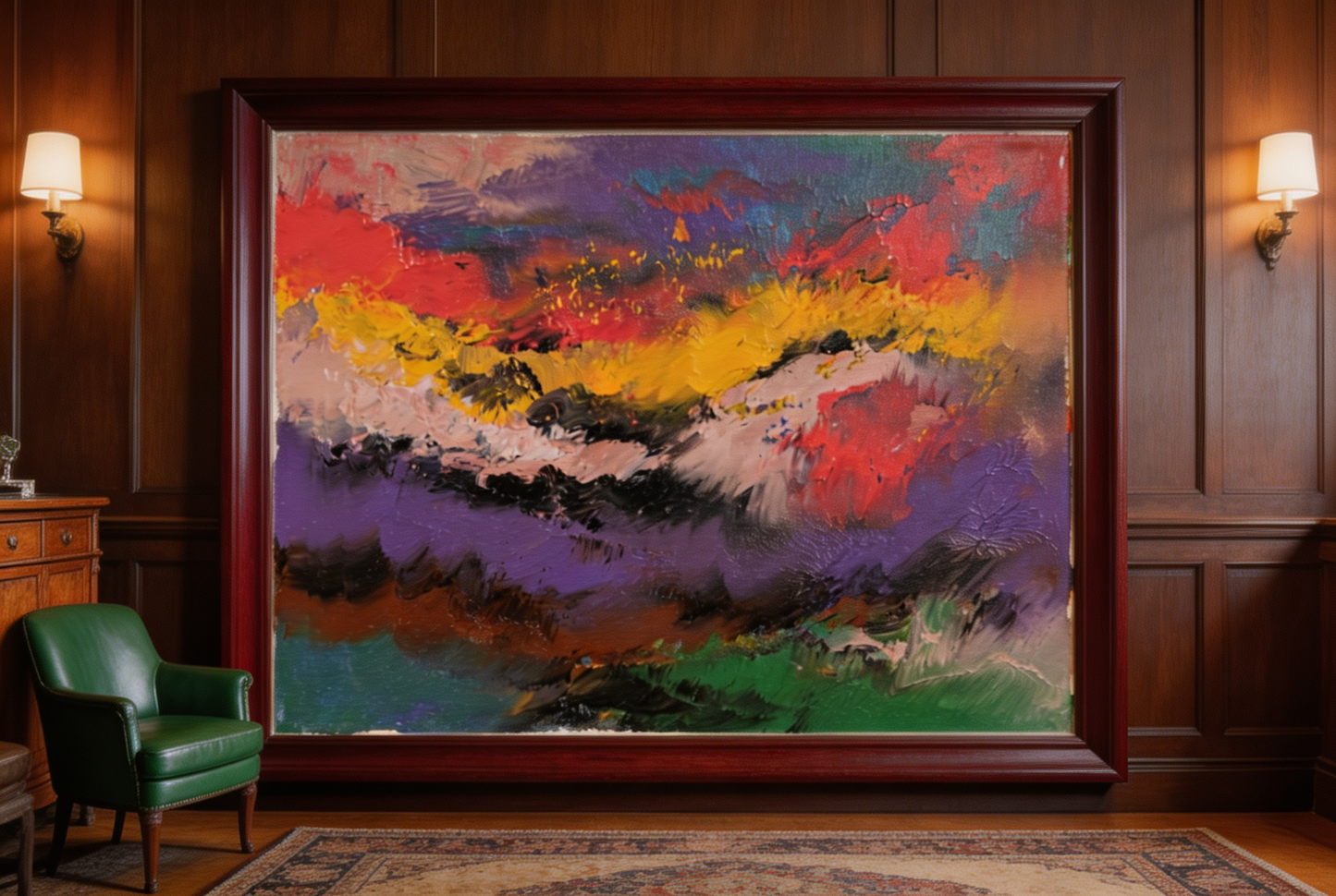 Abstract oil painting with purple, red, and golden yellow mountain landscape
