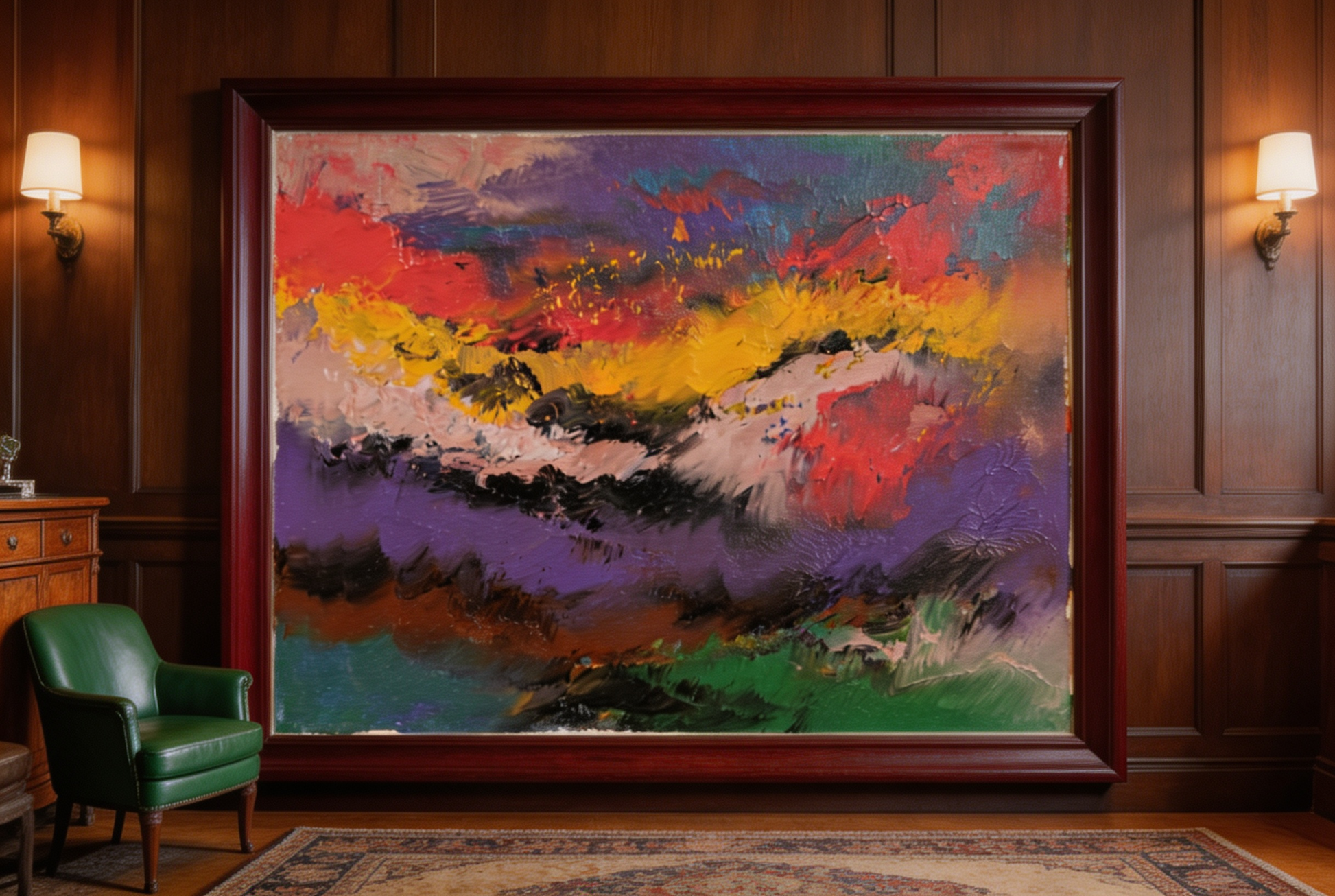 Abstract oil painting with purple, red, and golden yellow mountain landscape