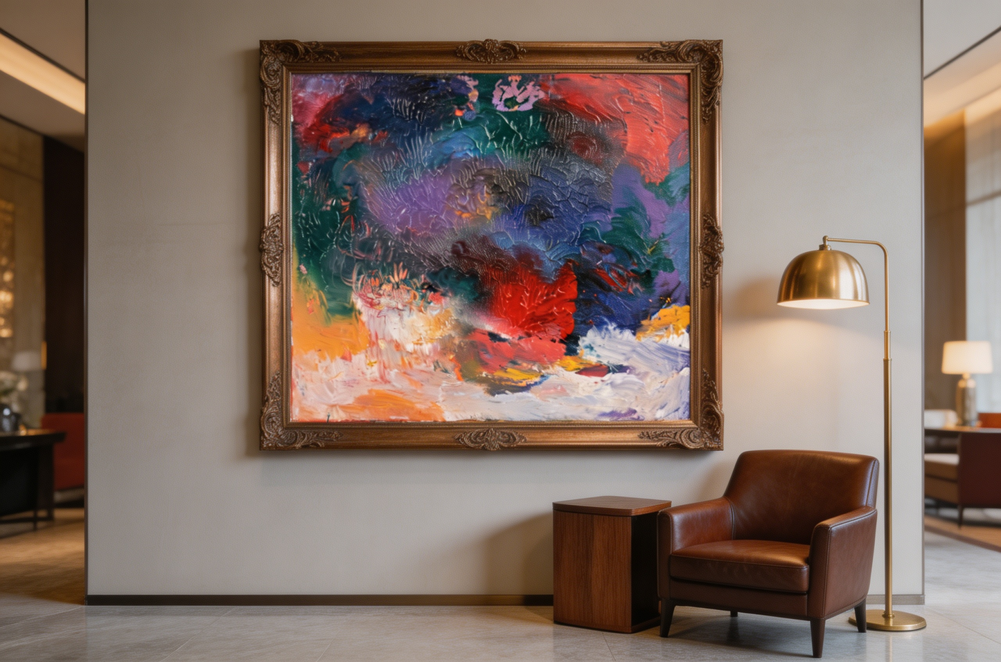 Textured abstract oil painting with deep green, purple, and blue layered colors