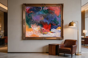 Textured abstract oil painting with deep green, purple, and blue layered colors