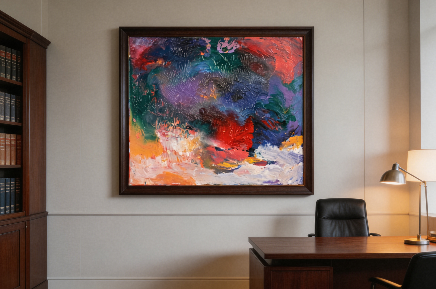 Textured abstract oil painting with deep green, purple, and blue layered colors